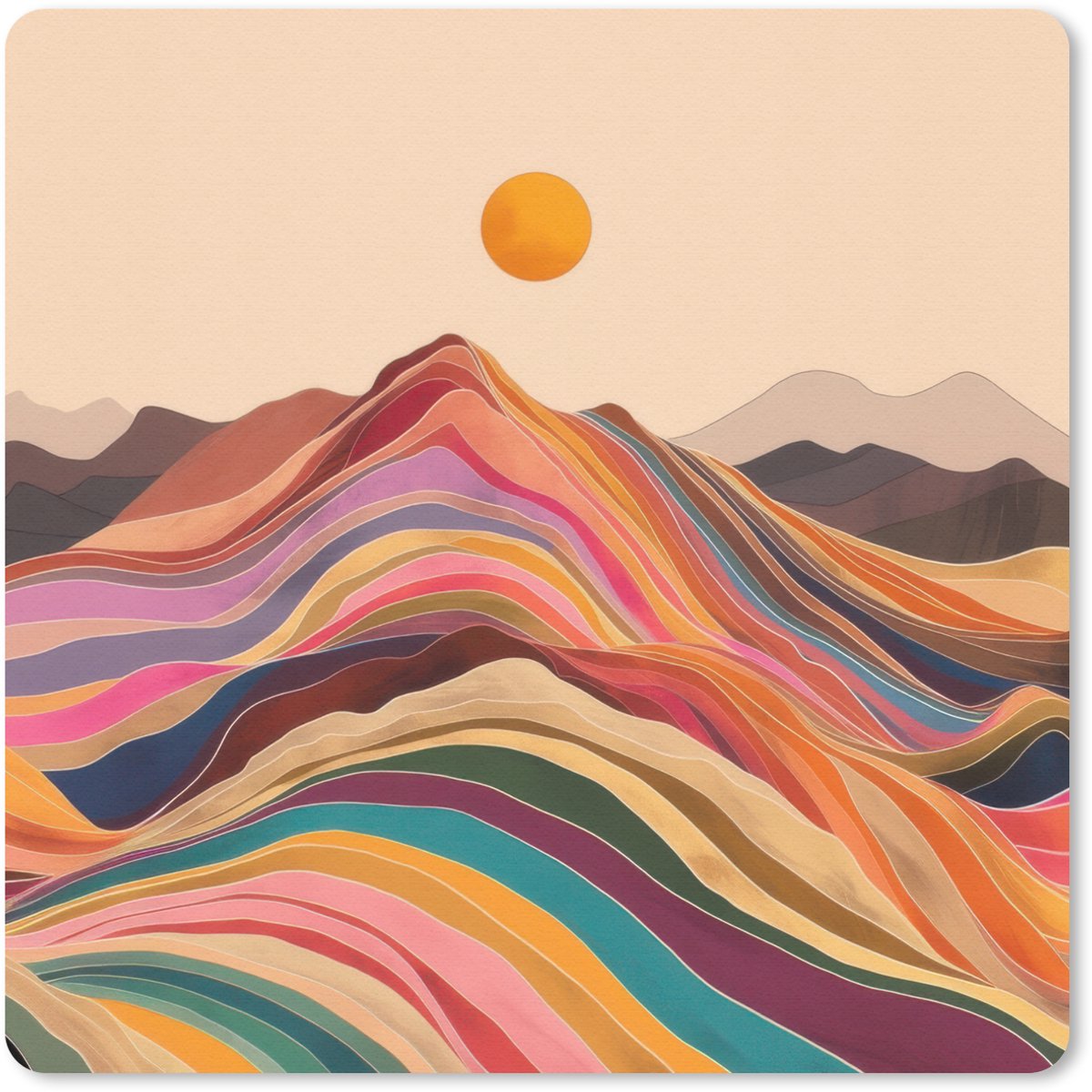 Muismat 20x20 cm - Mousepad Zon - Kleurrijk landschap - Bergen - Muismatten