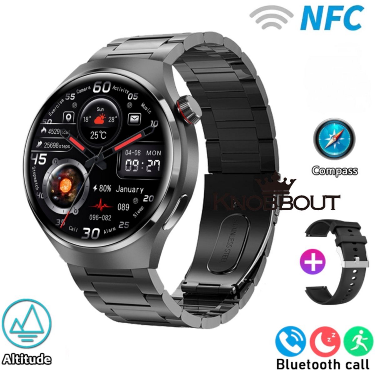 Knobbout 1.6" Scherm Stijlvolle HD Kleurenweergave Scherm smartwatch - Ingebouwd Kompas - Hoogtemeter en Barometer - Krachtige NFC-functie - Bluetooth Handsfree Bellen - Dynamische Interactieve Weergave - Zwarte staal en siliconen horlogeband