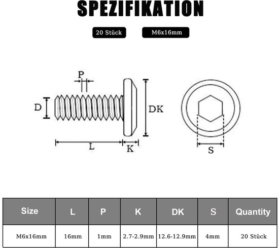 Vis M6 avec clé Allen - acier inoxydable - lot de 20