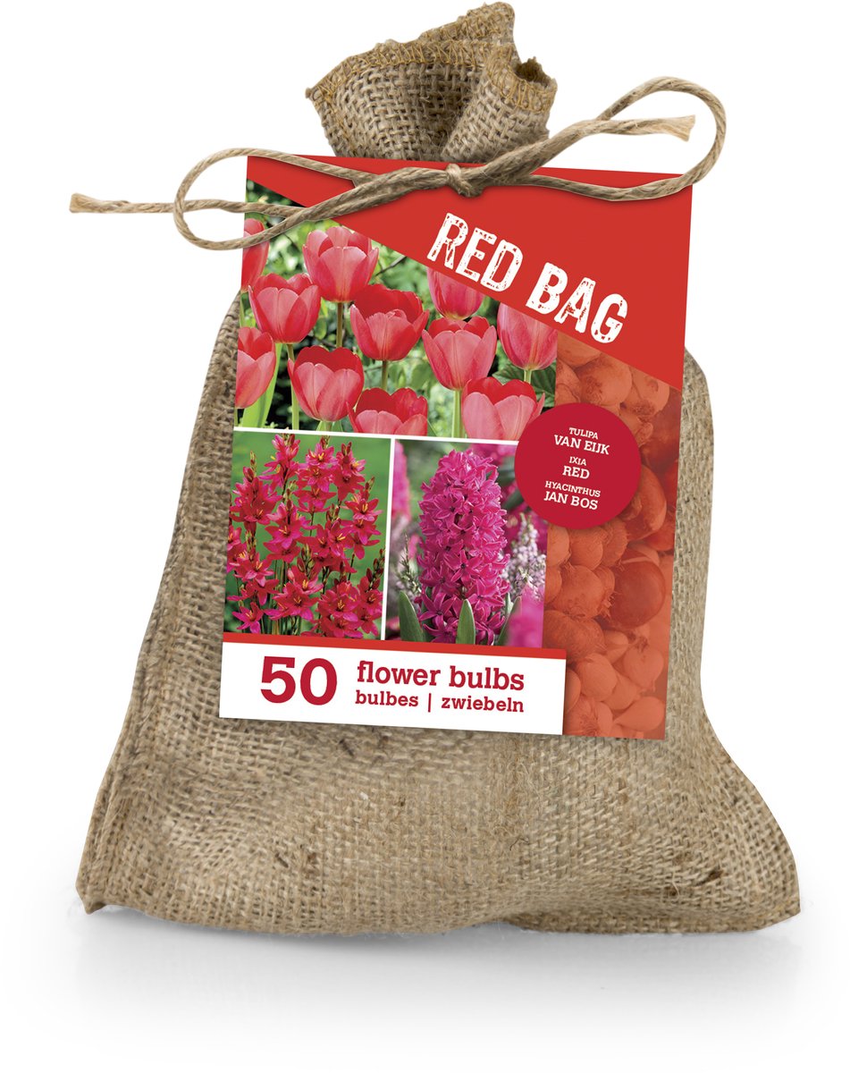 Bloomique - Mix van 50 - The Red Bag - Rode Mix - Tulpen, Hyacinten, Ixia - Bloembollen - Voorjaarsbloeiend - Meerjarige Planten