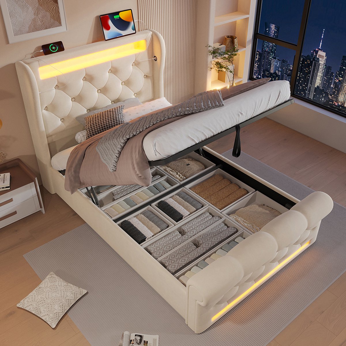 KOMHTOM Modern gestoffeerd eenpersoonsbed 90x200cm, gestoffeerd bed met ledverlichting, hoofdeinde met opbergruimte en USB- en Type-C-poorten, bed met hydraulische opbergruimte, beige, fluweel. (Zonder matras)