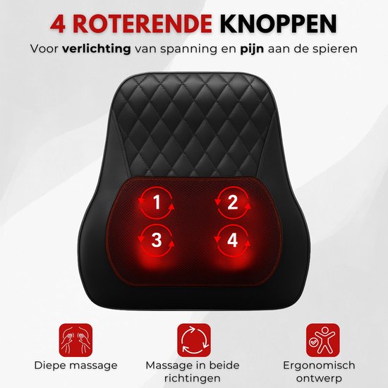 Zwart rugmassagekussen met vier genummerde, gloeiende massagebollen.