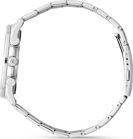 Zijkantaanzicht van een zilverkleurig Edifice horloge met band.