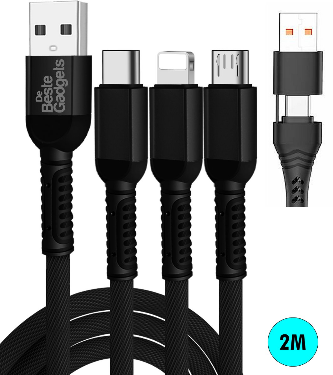 Bol.com De Beste Gadgets Oplaadkabel 3 in 1 Zwart - Lightning/USB-C/MicroUSB 2.0m - Geschikt voor iPhone, iPad en Android apparaten aanbieding