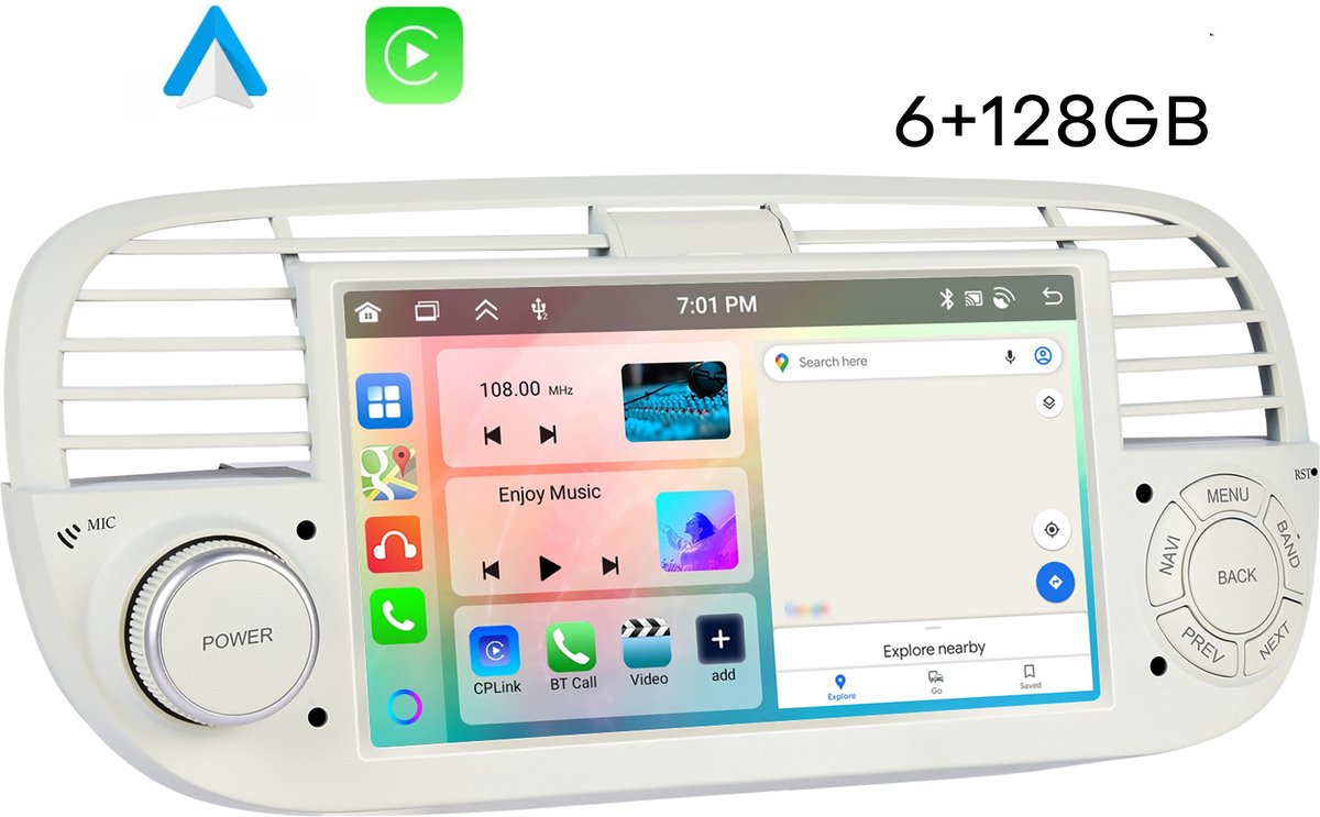 Boscer Autoradio Geschikt voor Fiat 500 2007-2015 - Apple Carplay & Android Auto (draadloos) - 6+128GB - Android 15 - 7 Inch HD IPS Touchscreen - GPS Navigatiesysteem - Bluetooth, USB, WiFi & MP5 - Wit/Beige - Achteruitrijcamera & Microfoon