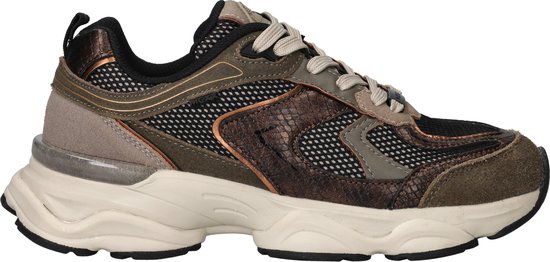 Groene dames sneaker met bruine slangenhuidprint en beige veters, van de zijkant gezien.