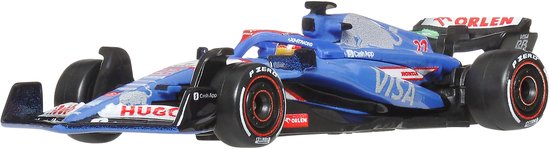 Blauwe formule 1 raceauto met rode en witte accenten, "VISA" en "HUGO" logo's, nummer 22.