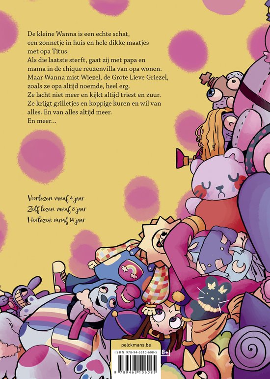 Boekkaft met pastelkleurige, speelse illustraties van grappige wezentjes.