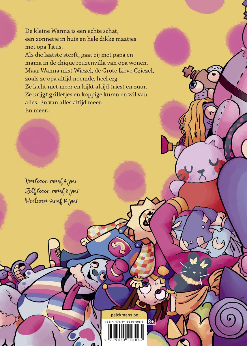 Boekkaft met pastelkleurige, speelse illustraties van grappige wezentjes.