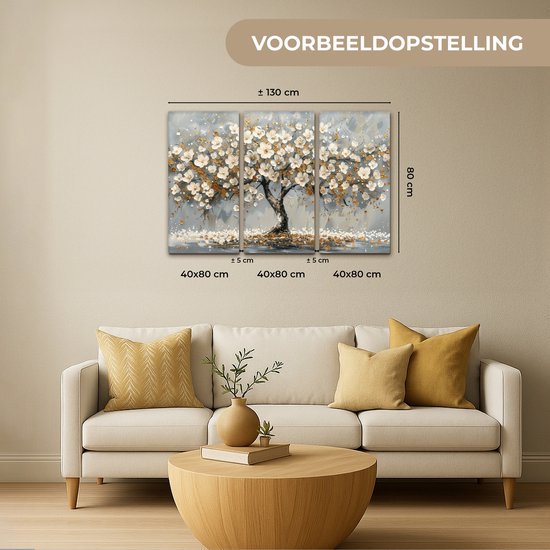 Ensemble de peintures sur toile 120x80 cm - Décoration murale triptyque - Arbre - Abstrait - Wit - Fleur - Décoration murale salon - Décoration chambre - Accessoires chambre - Peintures sur toile