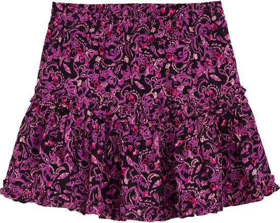 Paarse rok met zwarte bloemenprint en ruches.