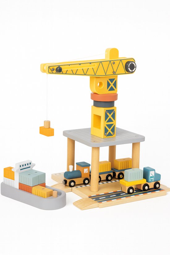 Tooky Toy® Houten Speelgoed Haven Hijskraan - Stimulerend houten Montessori speelgoed – Duurzaam, Educatief en Creatief spel voor Kinderen om Zelfredzaamheid en Vaardigheden te Ontwikkelen