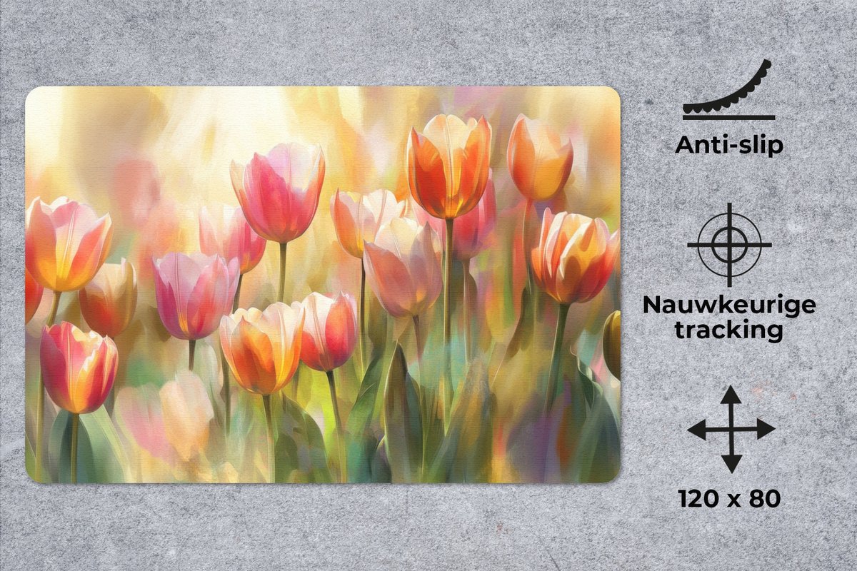 Muismat XXL 120x80 cm - Bureau onderlegger - Bureau mat Tulpen - Sprookjesachtig - Kleurrijk - Bureaumat - Gaming mousepad xl - Bureaulegger groot - Computer deskmat