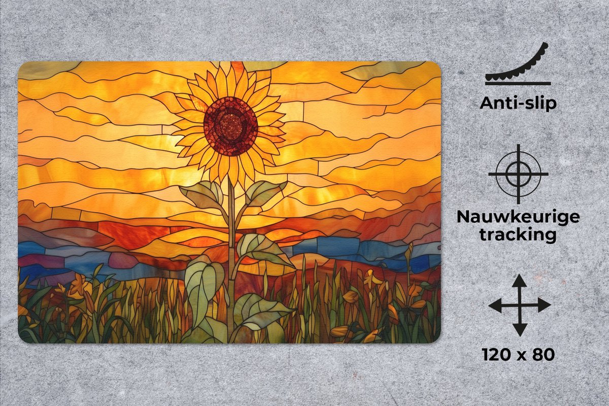 Muismat XXL 120x80 cm - Bureau onderlegger - Bureau mat Zonnebloem - Mozaïek - Zonsondergang - Geel - Bureaumat - Gaming mousepad xl - Bureaulegger groot - Computer deskmat