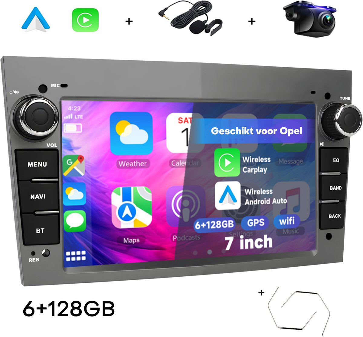 Boscer Autoradio - Geschikt voor Opel - Android 15 - Apple Carplay & Android Auto (Draadloos) - 6+128GB - 7 Inch HD Touchscreen - GPS, Bluetooth, USB, SD & MP5 - Navigatiesysteem - Zwart - Demontagesleutels, Achteruitrijcamera & Microfoon