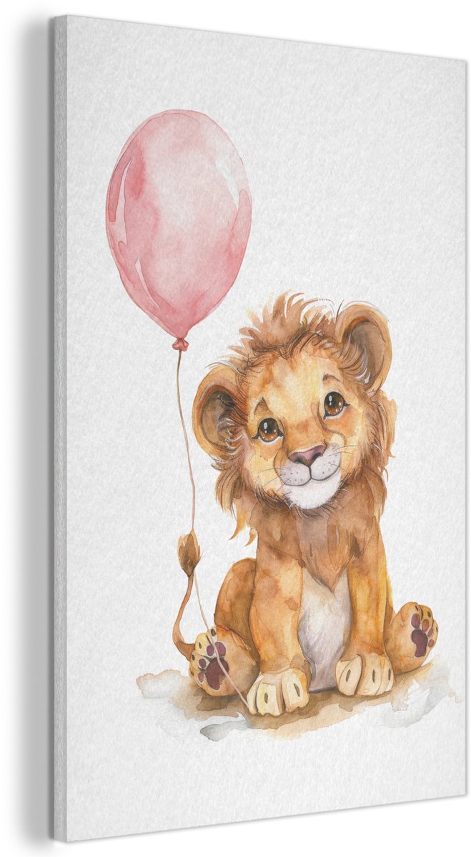 Akoestisch wandpaneel 60x90 cm - Vilt schilderij Leeuw - Baby dier - Dieren - Roze ballon - Akoestische panelen - Geluidsdempende wanddecoratie - Geluidsisolatie woonkamer - Muurdecoratie geluidspanelen