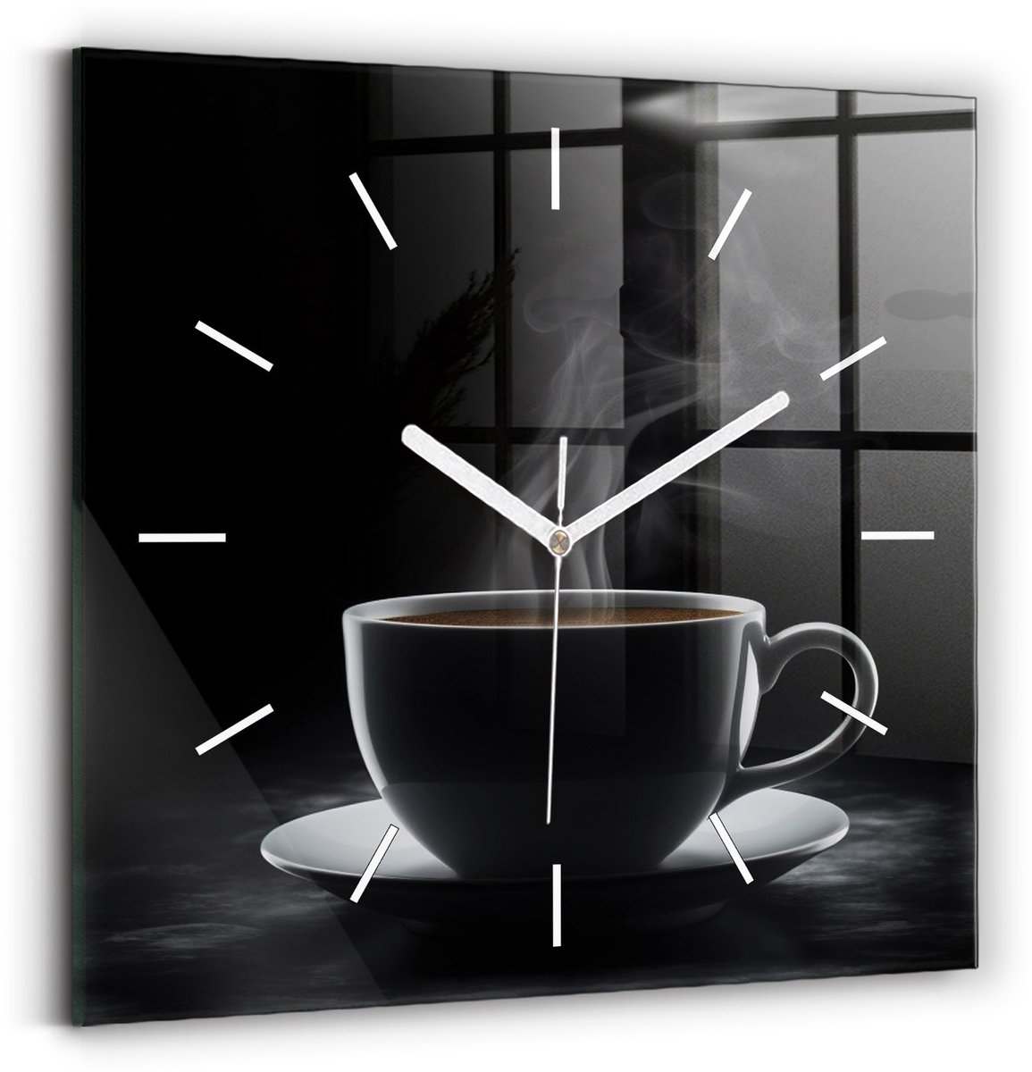 Wallfluent Wandklok - Een kopje zwarte koffie Decoratieve Wandklok - 30 cm x 30 cm - Zwart Wandklok - Witte Handen - Wandklok Zonder Cijfers - Stille Wandklok Slaapkamer - Vierkante Glazen Wandklok - Industrieel Wandklok - Stijlvolle Klok