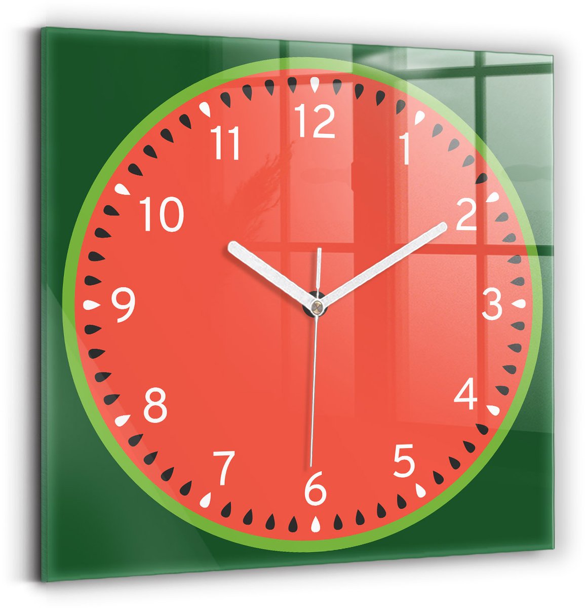Wallfluent Wandklok - Zoete watermeloen Klok als Muurdecoratie - 30 cm x 30 cm - Rood Wandklok - Witte Handen - Klok zonder getallen - Wandklok voor in de Keuken - Unieke Wandklok - Minimalistische Klok - Stijlvolle Klok