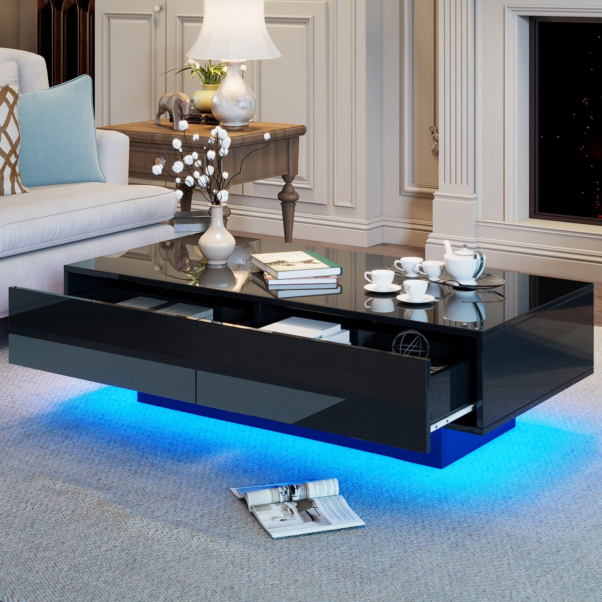 Pugsdrly Moderne zwarte hoogglans salontafel, 115 x 55 x 34 cm, met 2 lades, ledverlichting en een draagvermogen van 30 kg – elegante salontafel voor de woonkamer