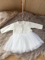 luxe feestjurk met jas-bruidsjurk-doopjurk-doopkleding-bruidsmeisjes-doopsel-bruiloft-verjaardag-fotoshoot-tule jurk met crème kleur gebreid jasje-baby jurk-tweedelige set-effen katoenen jurk met steentjes- wit crème kleur - maat 80 - 9 tem 12maanden