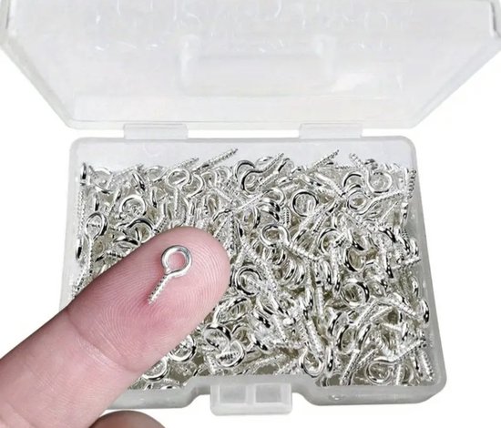 Zilverkleurige schroefoogjes in een doorzichtig doosje, één wordt op een vinger getoond.