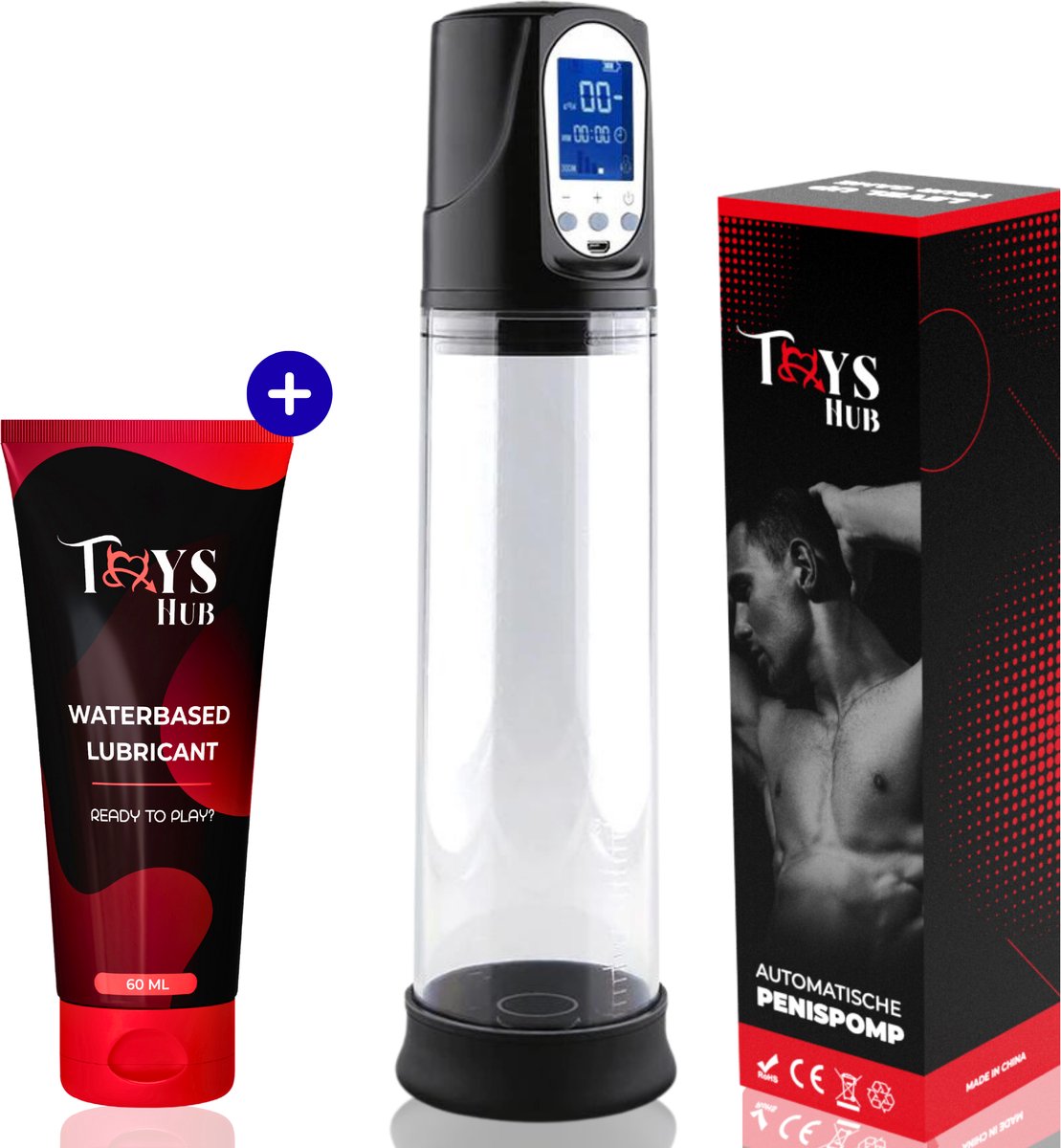Toys Hub® Automatische Penispomp Deluxe met Glijmiddel - 2 Penisringen & Ebook - Elektrisch - USB Oplaadbaar - LED Scherm - Sex Toys voor Mannen - Penis Vergroter