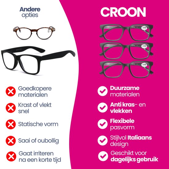 MyReadingGlasses.nl - Croon - lunettes de lecture - lunettes de lecture avec correction - Femme - Homme - SET - Carré 3 - pièce - couleur - Velours noir - Avec correction +0,50