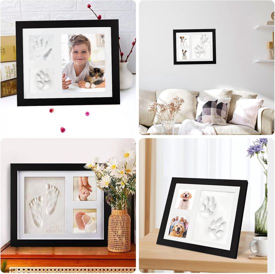 Een zwart fotolijst met vakken voor kinderhanden- en pootafdrukken en een foto van een jongen met een kitten.