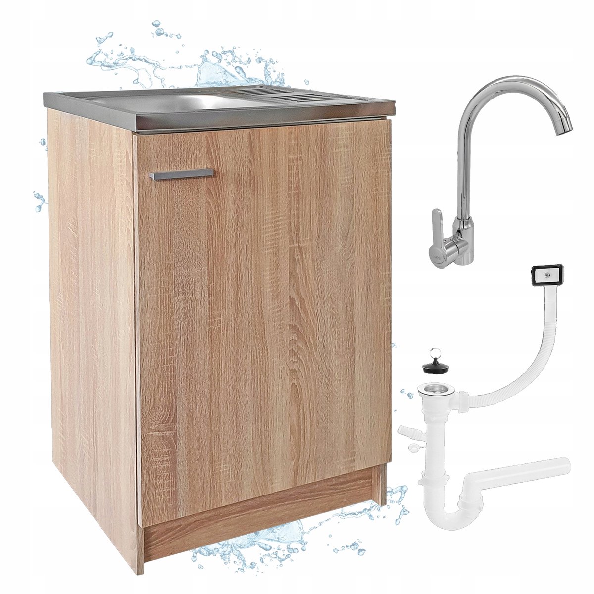 STAMAR - Keukenkast 60x50 cm Onderkast met Spoelbak met één compartiment + kraan + sifon - Eik Sonoma
