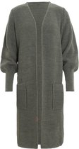 Knit Factory Patty Lang Gebreid Vest Urban Green - Gebreide dames cardigan - Lang vest tot over de knie - Donkergroen damesvest - Pofmouw - 30% wol en 70% acryl - 40/42