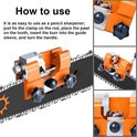 Instructies voor gebruik van een oranje kettingslijper op kettingzaagketting, met detailfoto's.