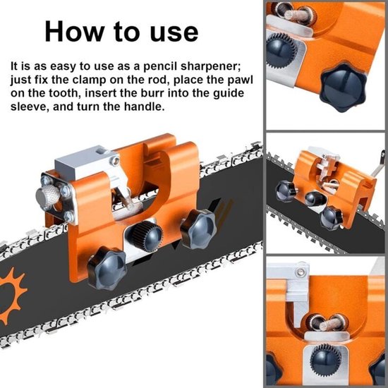 Instructies voor gebruik van een oranje kettingslijper op kettingzaagketting, met detailfoto's.