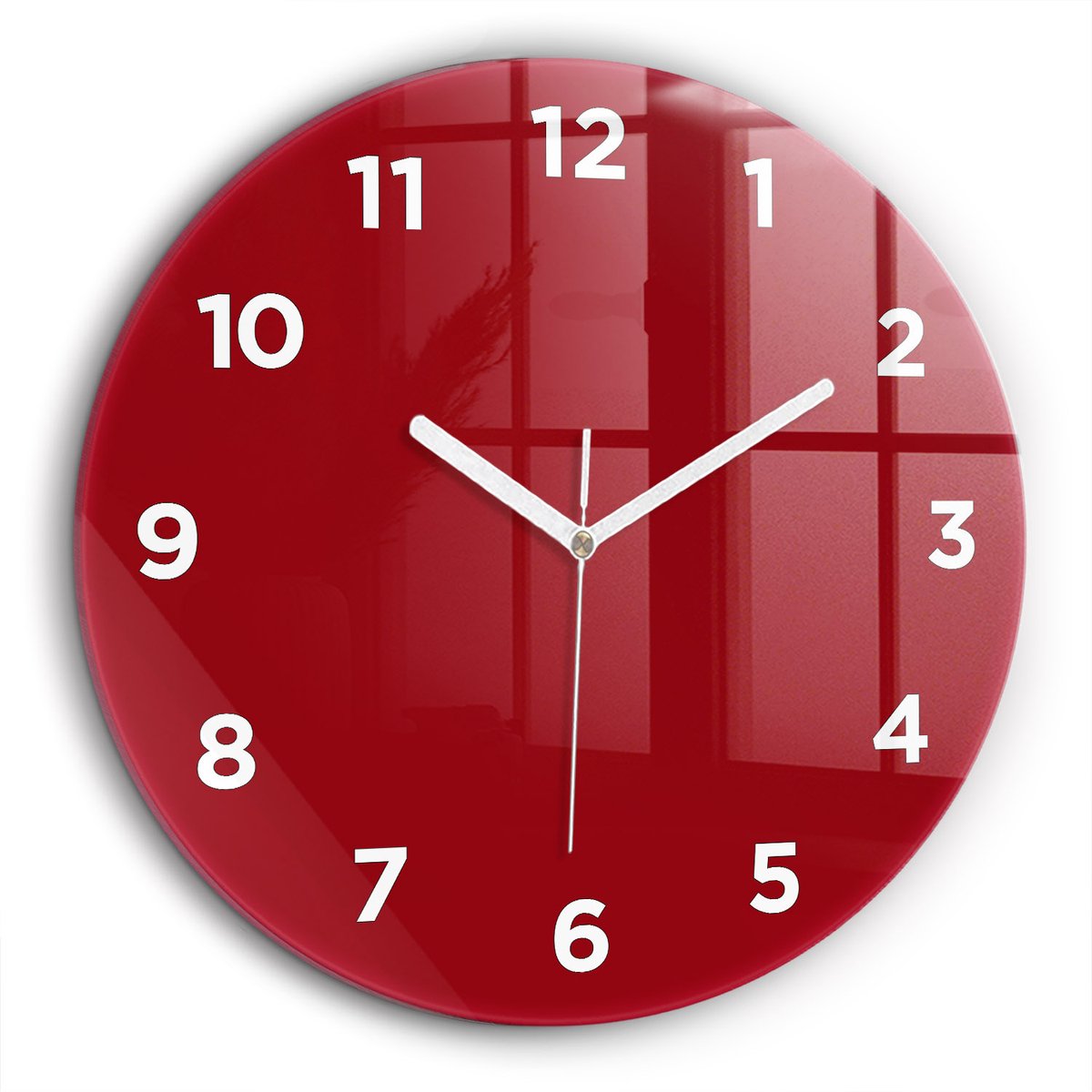 Wallfluent Wandklok - Rood Ronde Glazen Klok - 60 cm x 60 cm - Rood Wandklok - Witte Handen - Wandklok Met Cijfers - Wandklok Glas Woonkamer - Ronde Glazen Wandklok - Industrieel Wandklok - Ronde Glas Klok