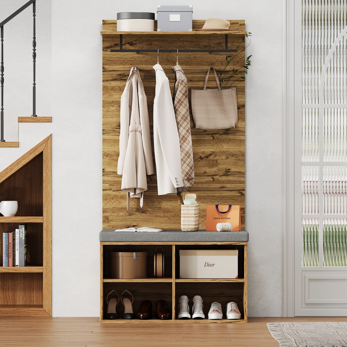 Pugsdrly 175 cm hoge garderobeset in houtlook met schoenenbank, verstelbare plank, kledingstang en bekleding – 84 x 32 cm – Praktische halmeubels