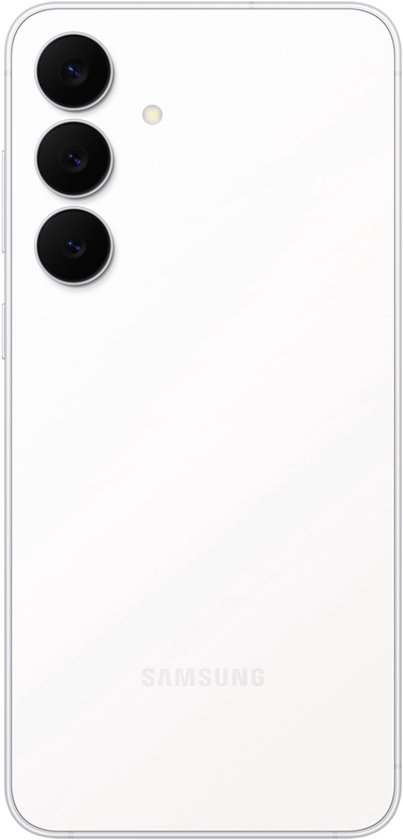 Witte smartphone, weergave van de achterkant met drie camera's en het Samsung-logo.