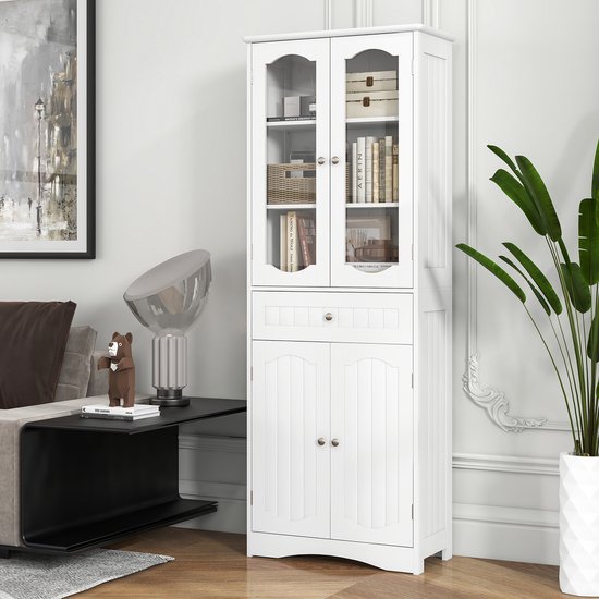 COSTWAY Badkamerkast, hoge badkamerkast met 4 deuren, lade en verstelbare plank, opbergkast voor woonkamer, badkamer, keuken, 60 x 30 x 160 cm (wit)