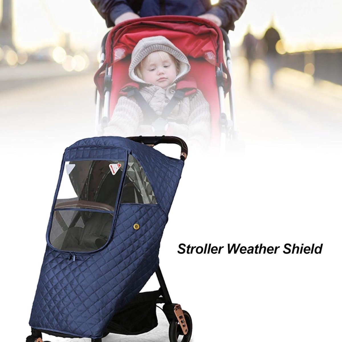 Regenhoes Kinderwagen - Winter Kinderwagen Regenhoes - Cover voor Kinderwagen - Universele Regenhoes Kinderwagen met Kijkvenster - Gewatteerde Weerbescherming - Winddicht en Warm - Waterdicht - bescherming tegen zon - Stof - Sneeuw - Blauw – foto 4
