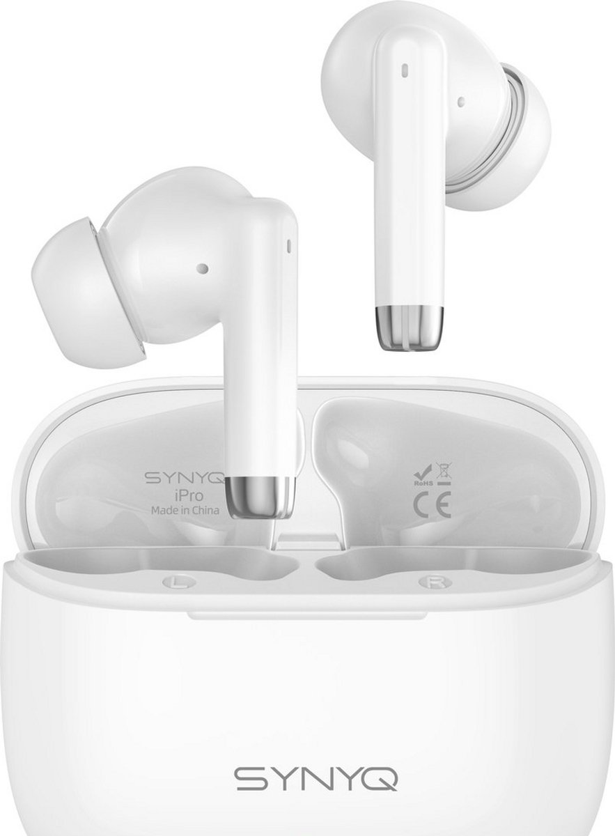 Synyq iPro Draadloze oordopjes - ENC Ruisonderdrukking - 35 uur Afspeeltijd - Bleutooth 5.3 - Waterbestendig - Draadloze oortjes - Bluetooth Oortjes - Wit - valentijn cadeautje