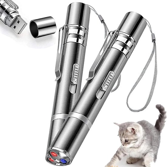 Twee zilveren laserpennen met draagkoord, naast een speelse kat.