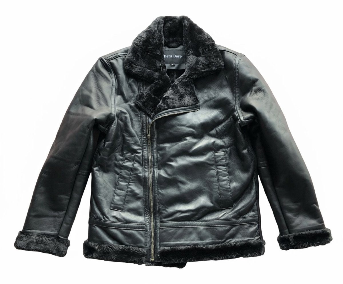 Dera Dore - Vrouwen Leren Bontjas - Echt en Origineel Schapenleer - Kunstbont - Luxe en met warm gevoel - Zwart - M