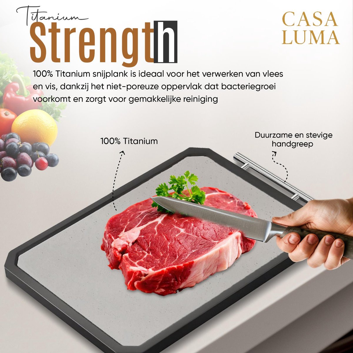 CASA LUMA Snijplank-RVS Titanium – Dubbelzijdig – Vaatwasser bestendig – Hygiënisch – Antislip – BPA-vrij- Antibacterieel – Duurzaam – Professionele Keukenplank voor Vlees, Vis, Groente & Brood — afbeelding 7