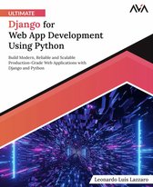 Boekomslag voor "ULTIMATE Django for Web App Development Using Python" met een abstracte, neon-blauwe en paarse achtergrond. Titel en auteursnaam in witte en rode letters.
