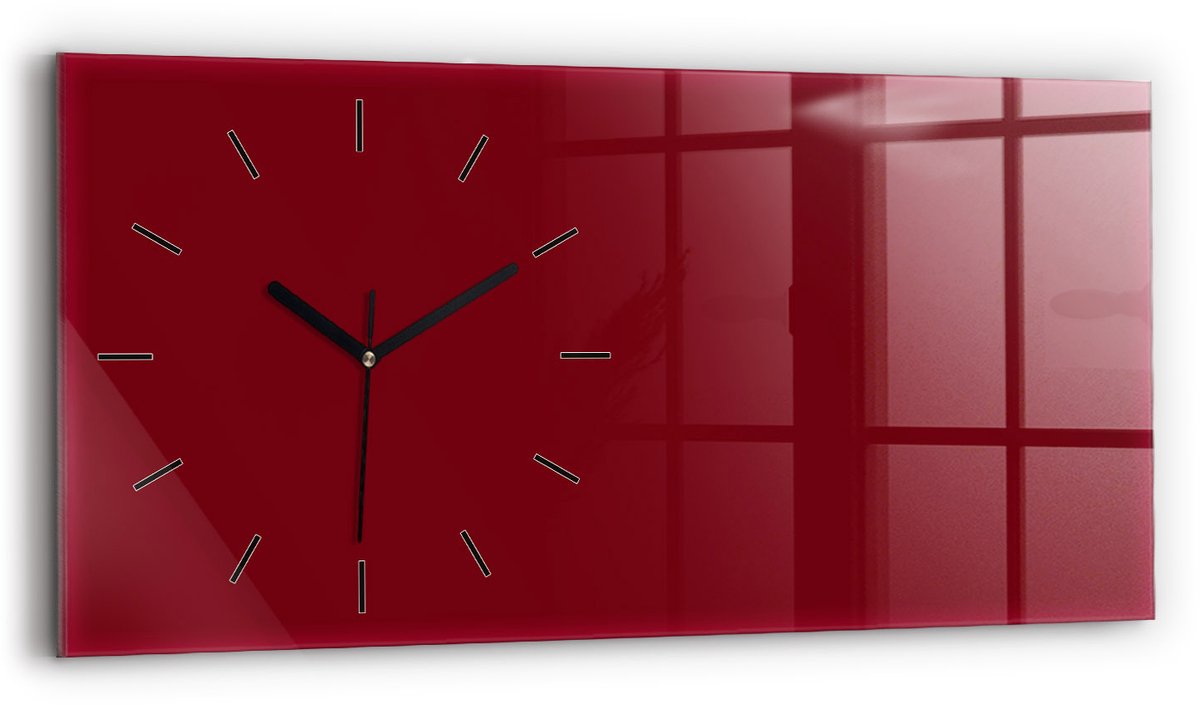 Wallfluent Wandklok - Bourgondië Rechthoekige Glazen Wandklok - 60 cm x 30 cm - Bourgondië Wandklok - Zwarte Handen - Wandklok Zonder Cijfers - Kinder Wandklok Glas - Glazen Klok Rechthoekige - Minimalistisch Wandklok - Rechthoekige Glas Klok