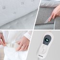Collage: detail van een wit elektrisch deken, hand bevestigt hoes, hand verbindt stekker, Auronic controller.