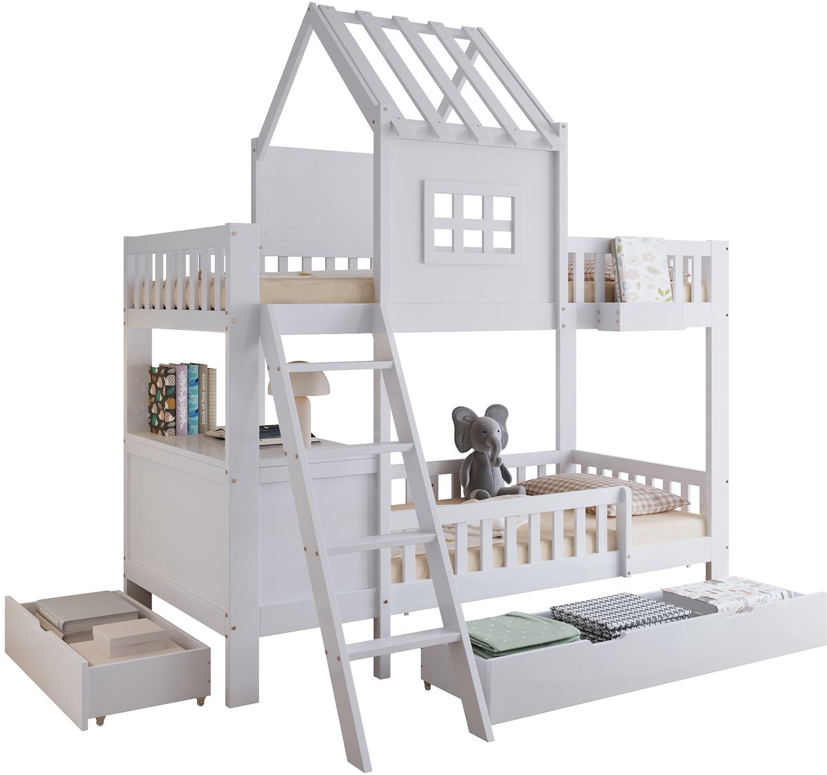 Merax Kinderbed Stapelbed 90x200 met Opbergruimte – Houten Bed met Dak en Ramen – 2 Laden op Wieltjes – met Tafel – Wit