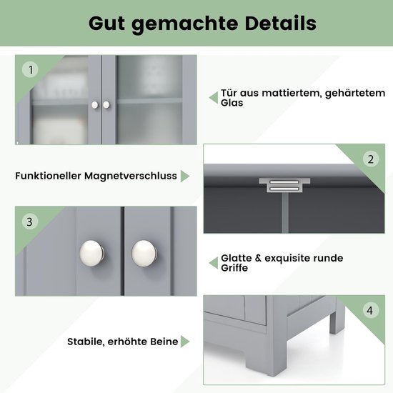 COSTWAY Badkamerkast met 2 laden en 4 deuren, badkamerkast met verstelbare planken, opbergkast voor badkamer, keuken, woonkamer (grijs)