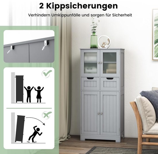 COSTWAY Badkamerkast met 2 laden en 4 deuren, badkamerkast met verstelbare planken, opbergkast voor badkamer, keuken, woonkamer (grijs)