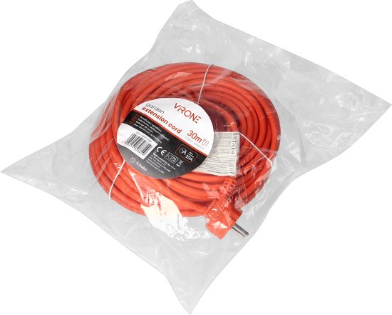Câble d'extension orange de 30 mètres dans son emballage, avec étiquette 'extension cord 30m'.