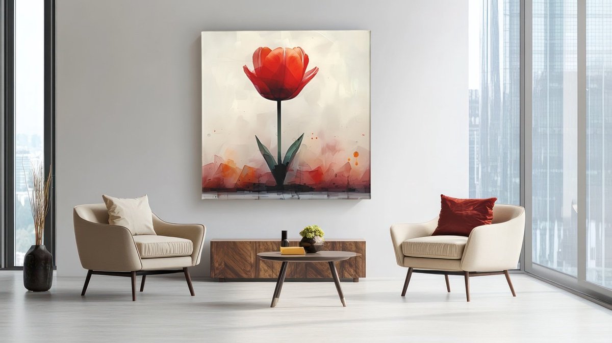 Trendex Global Vierkant Canvas Schilderij - Bloemen - Rode Tulp - 60x60x2 cm Rood
