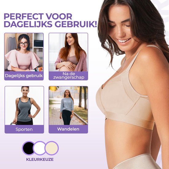 Beige corrigerende BH met voorsluiting, getoond op een model. Afbeeldingen tonen dagelijks gebruik, na zwangerschap, sporten en wandelen.